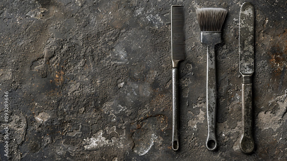 Poster high-detail drawing of grooming tools including a brush, comb, and nail clippers neatly arranged on 