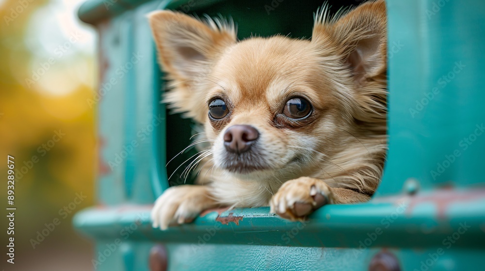 Poster Illustration of a pet carrier with an open door and a small dog peeking out centered with empty space around the edges Stock Photo with copy space