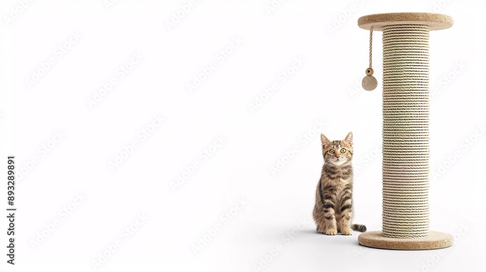 Poster High-detail drawing of a cat scratching post with a few toys hanging from it centered with significant empty space on the left Stock Photo with copy space