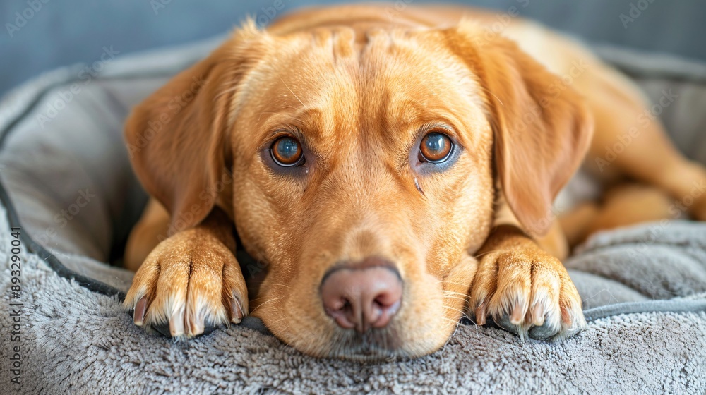 Poster detailed depiction of a cozy pet bed with a dog laying comfortably in it centered with empty space a