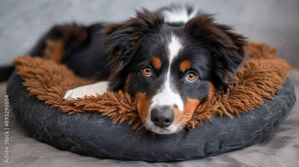 Poster detailed depiction of a cozy pet bed with a dog laying comfortably in it centered with empty space a