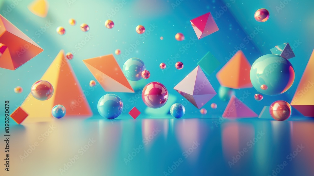 Poster 3D rendering of vibrant geometric shapes, including spheres and pyramids, floating in a dynamic and colorful abstract environment.