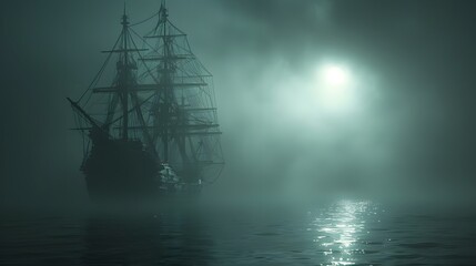 Fototapeta premium A tall silhouette of a ship cuts through the fog at sunset, powered by the electric cables that snake across the pylons on the shore