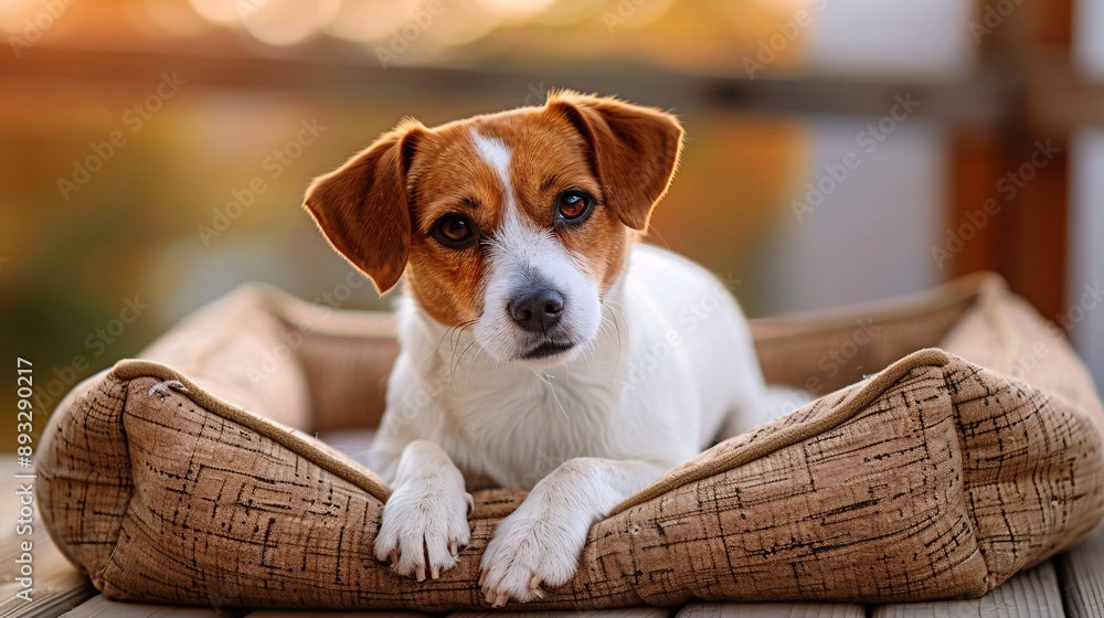 Poster detailed depiction of a cozy pet bed with a dog laying comfortably in it centered with empty space a
