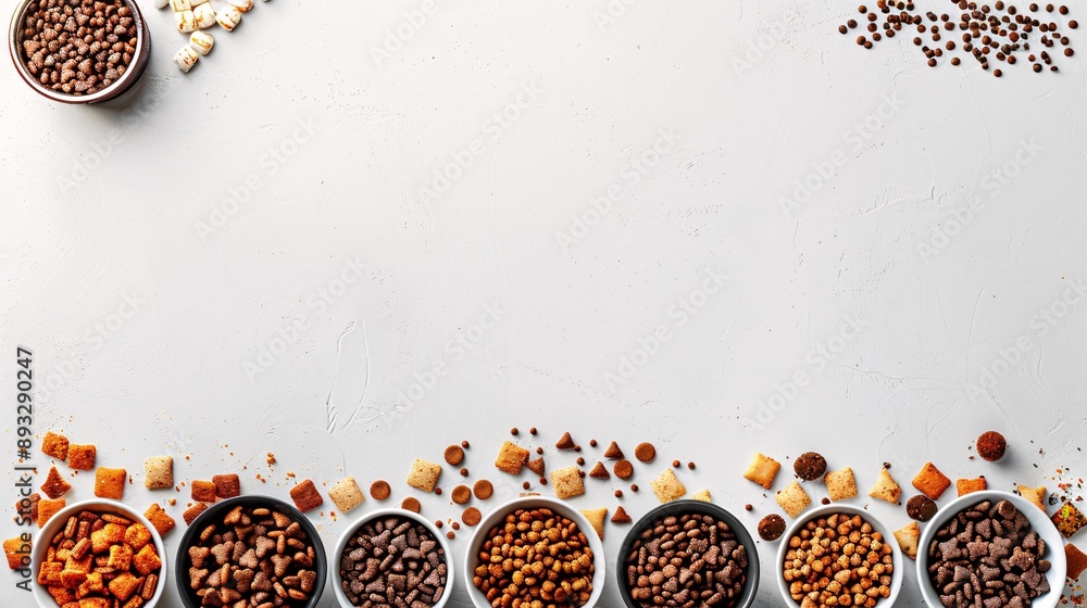 Poster illustration of a set of pet food and water bowls with a few pet treats scattered around them center