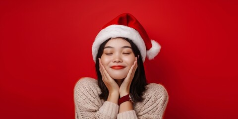 A young woman in a Santa hat, filled with holiday cheer and joy, exudes a festive Christmas spirit. Her expressions create a merry atmosphere around her, spreading happiness and excitement