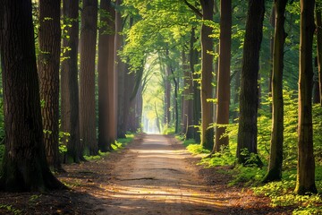Fototapeta premium Sunlit path through a lush green forest with tall trees.