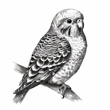 recommend clip art: Black and white Vintage engraved art of a budgerigar isolated on white background, ink sketch illustration, simple vector art design, highly detailed line art, high contrasty. 