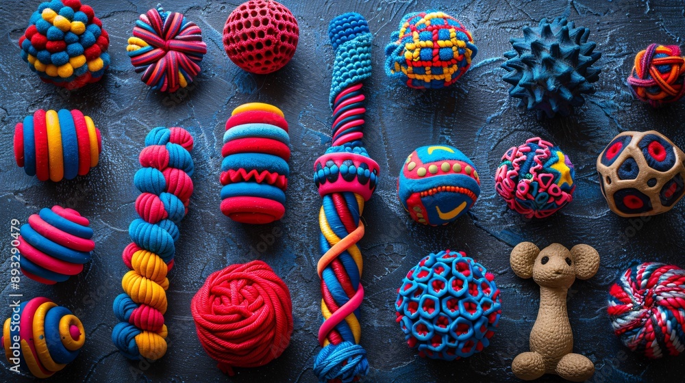 Poster Detailed depiction of various pet toys including interactive toys and chew toys laid out on a flat surface centered with significant empty space on the left Stock Photo with copy space