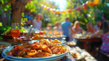 Fototapeta premium A lively summer outdoor party featuring delicious food and drinks with friends gathered around tables in a garden setting.