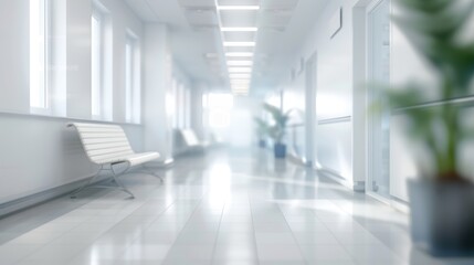 Bright and clean hospital corridor with empty benches and potted plants, emphasizing a sterile and modern healthcare environment.