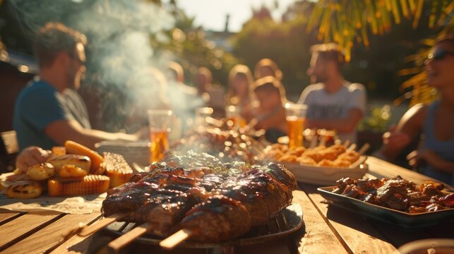 Friends and family enjoying a sunny barbecue party with grilled meats and various side dishes in a relaxed garden setting. - Powered by Adobe