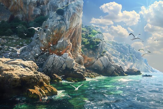Seagulls fly over a rocky cliffside with clear blue water.