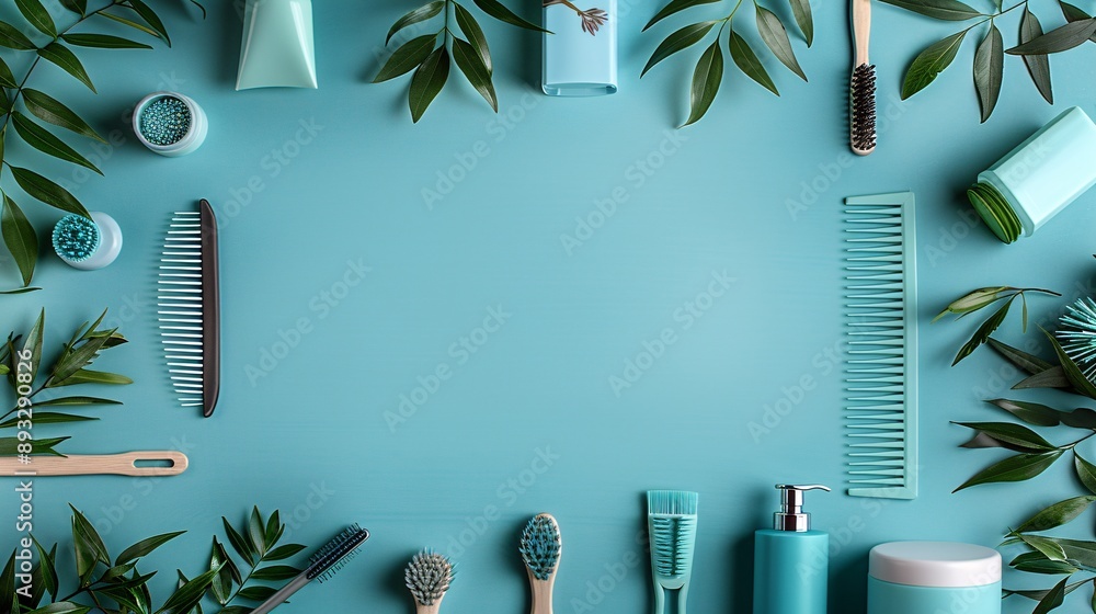 Aufkleber Illustration of a grooming tool set including brushes and combs placed on a clean surface centered with empty space around the edges Stock Photo with copy space