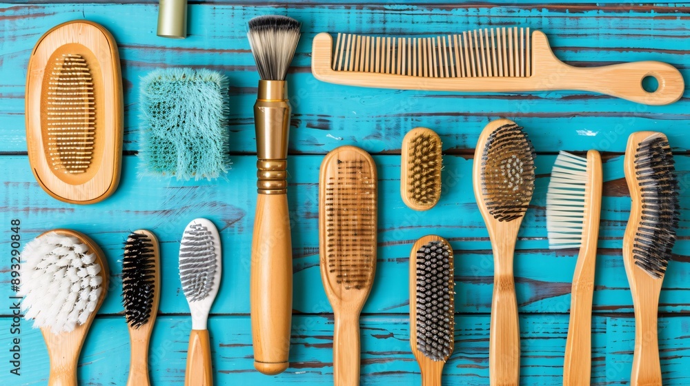 Poster Illustration of a grooming tool set including brushes and combs placed on a clean surface centered with empty space around the edges Stock Photo with copy space