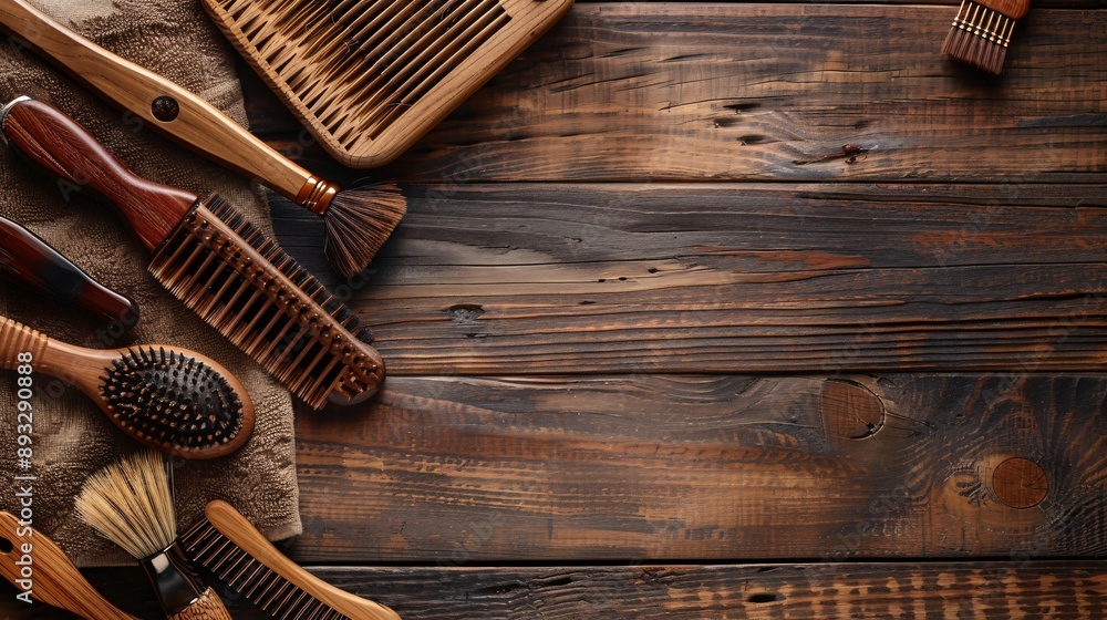 Poster Illustration of a grooming tool set including brushes and combs placed on a clean surface centered with empty space around the edges Stock Photo with copy space