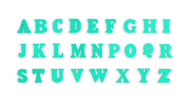 wooden letters of the English alphabet in green color on a isolated background close-up