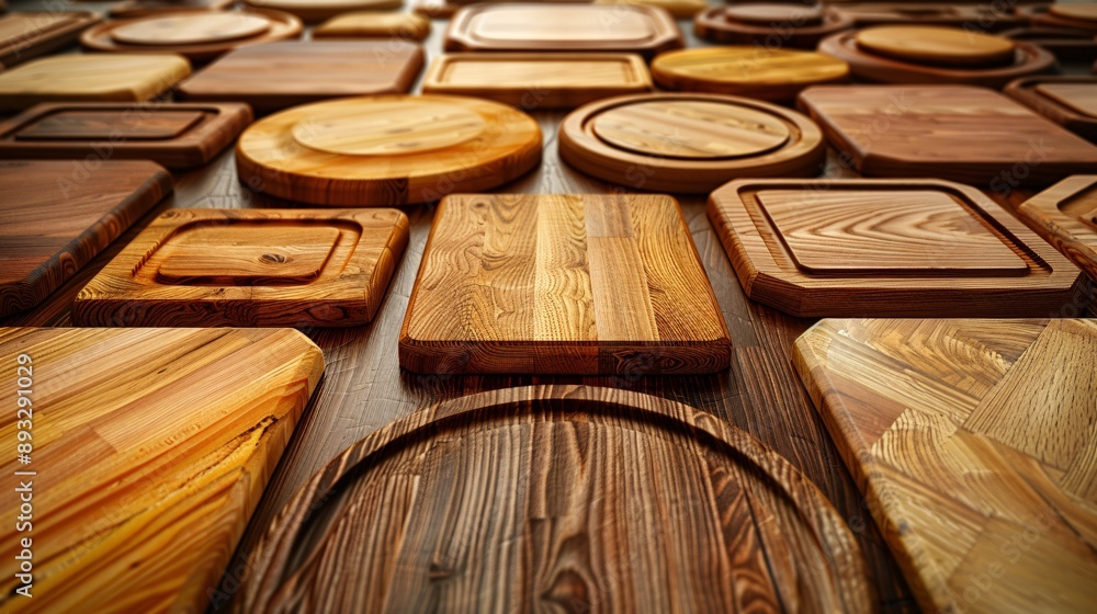 Poster high-detail illustration of wooden cutting boards of different shapes centered with empty space arou