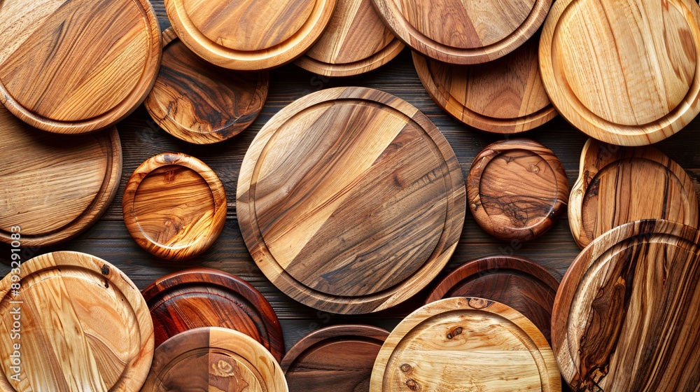 Poster High-detail illustration of wooden cutting boards of different shapes centered with empty space around the edges Stock Photo with copy space