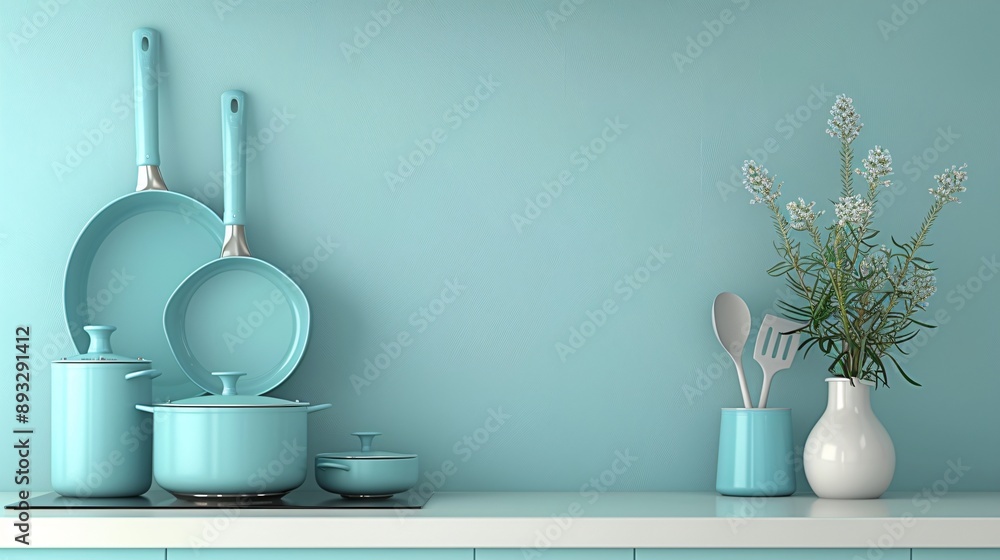 Poster Illustration of a set of non-stick frying pans of various sizes with significant empty space on the right Stock Photo with copy space