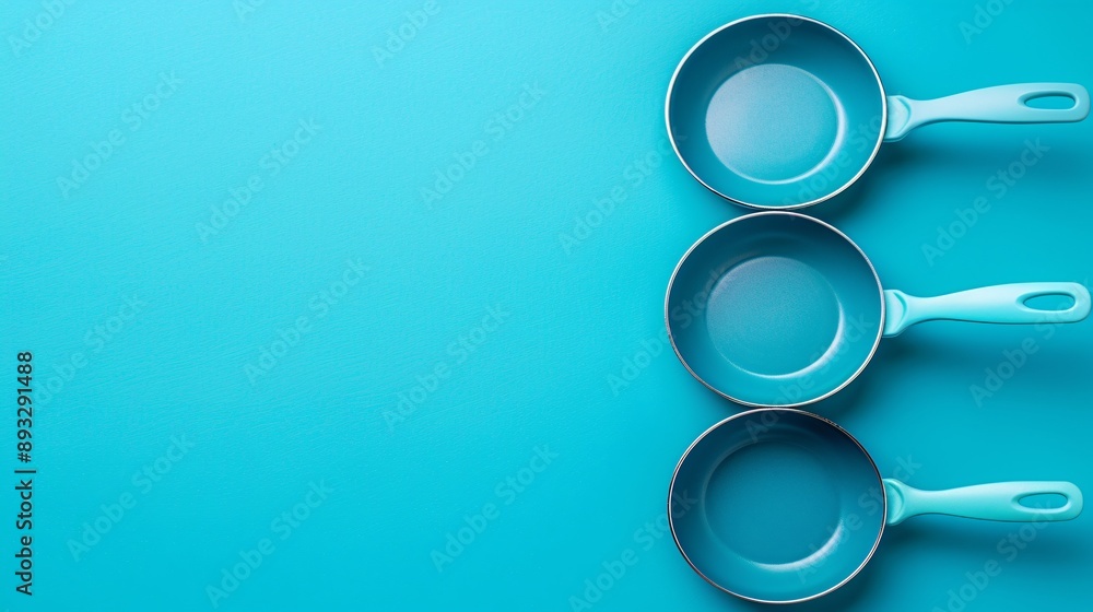 Poster Illustration of a set of non-stick frying pans of various sizes with significant empty space on the right Stock Photo with copy space
