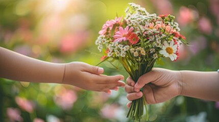 Close-up of hands exchanging a colorful bouquet of flowers in a sunny, outdoor garden setting, symbolizing kindness.