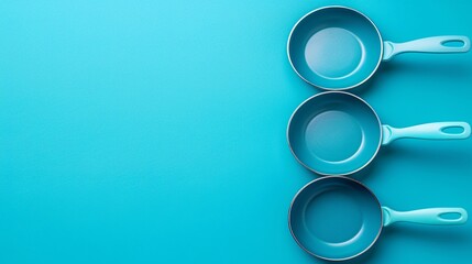 Illustration of a set of non-stick frying pans of various sizes with significant empty space on the right Stock Photo with copy space