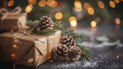 Rustically wrapped Christmas gifts adorned with pinecones and festive lights, creating a warm holiday atmosphere with a cozy touch.