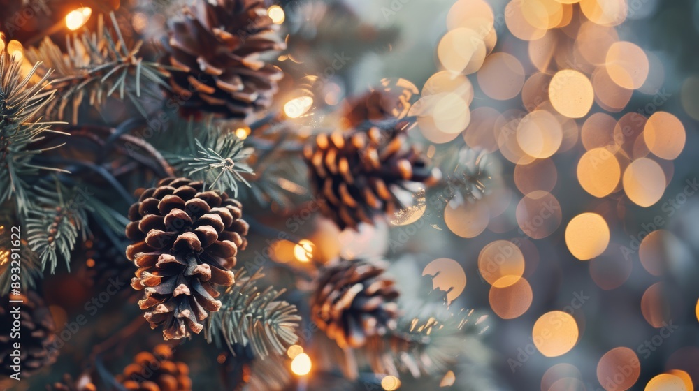 Poster pine cones on a christmas tree with festive lights and bokeh effect, creating a warm holiday atmosph