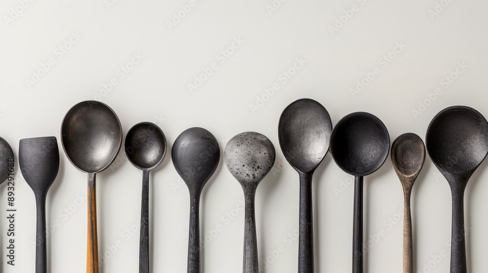 Poster illustration of a selection of kitchen tongs and ladles with significant empty space around the edge