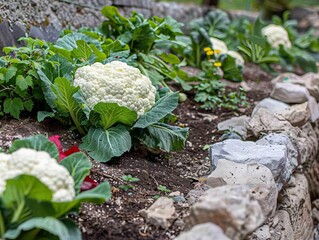 Rock Border Beauty: Lush Cauliflower Plants Thrive in Raised Vegetable Garden