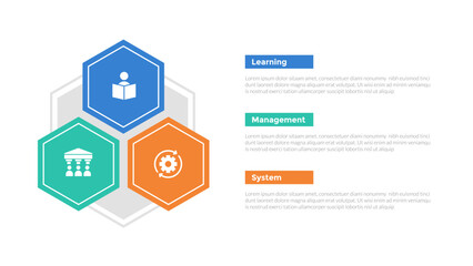 LMS learning management system infographics template diagram with hexagon triangle shape container with 3 point step design for slide presentation