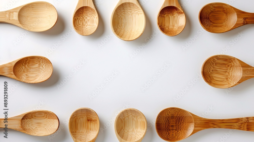 Poster High-detail depiction of an array of wooden spoons and spatulas centered with empty space around the edges Stock Photo with copy space