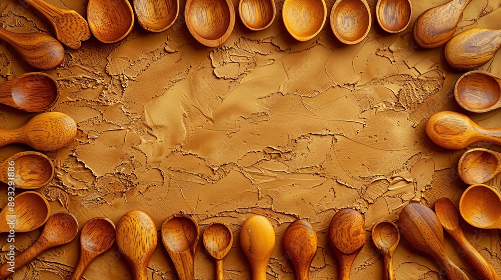 Aufkleber High-detail depiction of an array of wooden spoons and spatulas centered with empty space around the edges Stock Photo with copy space