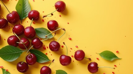 Red Cherry pattern on yellow color background,Creative background made of Tasty ripe cherries,Flat lay of cherries background.Top view,copy space.