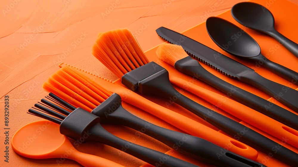 Poster illustration of a set of silicone baking mats and pastry brushes with empty space around the edges s