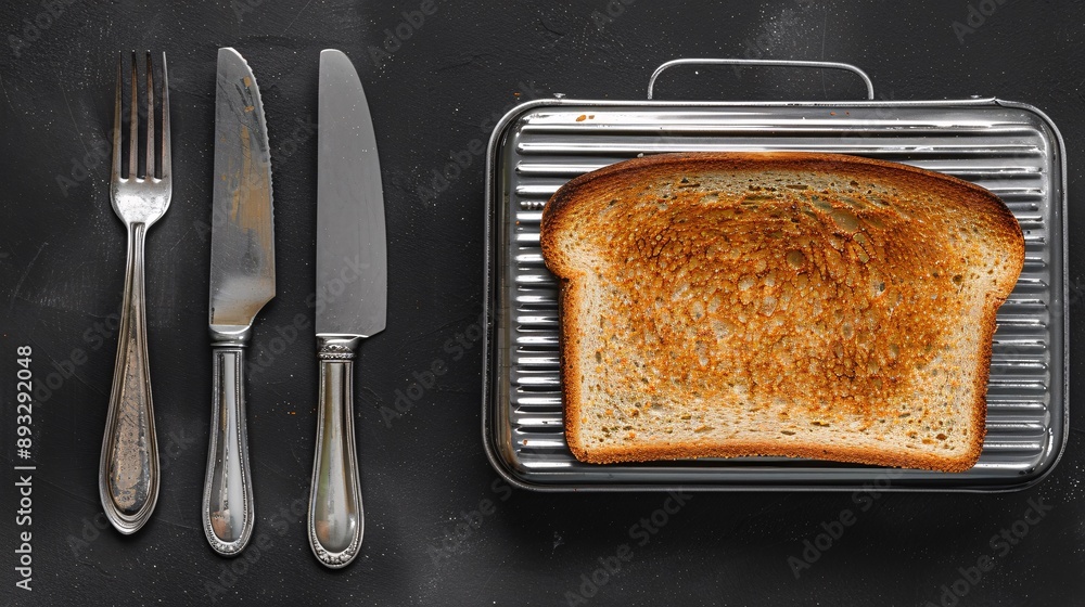 Poster high-detail depiction of a toaster and a set of butter knives centered with empty space on the left 