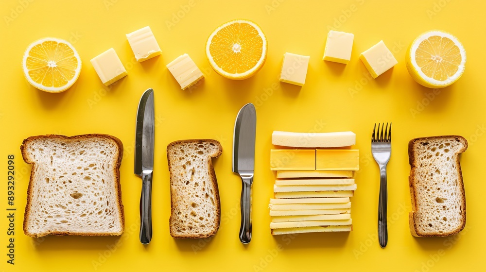 Aufkleber High-detail depiction of a toaster and a set of butter knives centered with empty space on the left Stock Photo with copy space