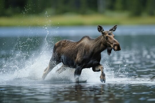 USA, Alaska, female moose (Alces alces) running out of lake