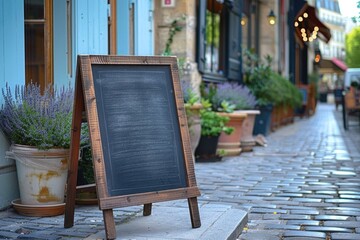 Empty Rustic Chalkboard Sign on Cobblestone Street for Outdoor Cafe Menus
