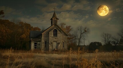 Fototapeta premium A floodlit, white wooden church with a steeple pierces the blue night sky in a rural European village