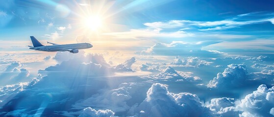 Obraz premium A plane is flying through a cloudy sky with the sun shining brightly