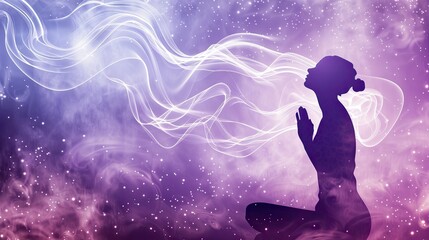Naklejka premium A woman is sitting in a purple background with smoke and stars