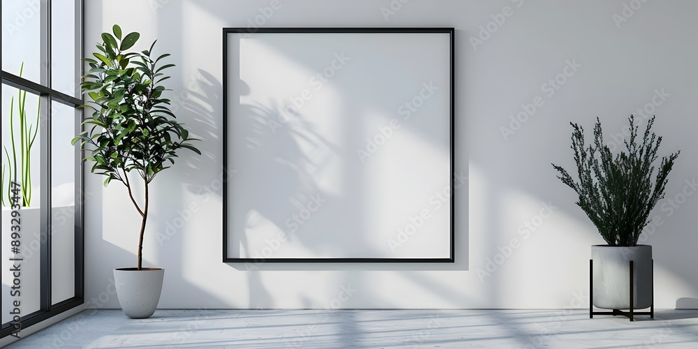 Poster minimalist frame with thin black border on clean white background modern concept with copy space