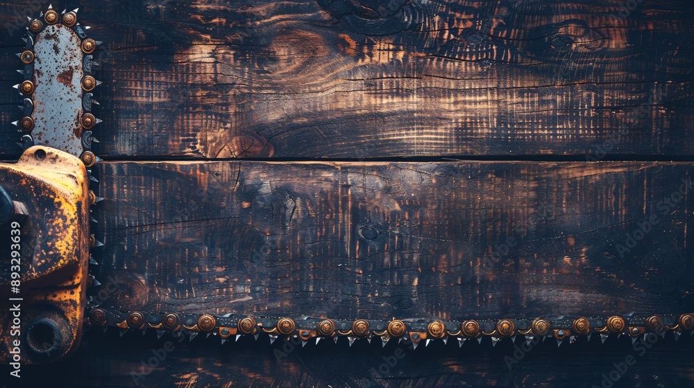 Poster Illustration of a chainsaw with safety features centered with empty space on the left Stock Photo with copy space