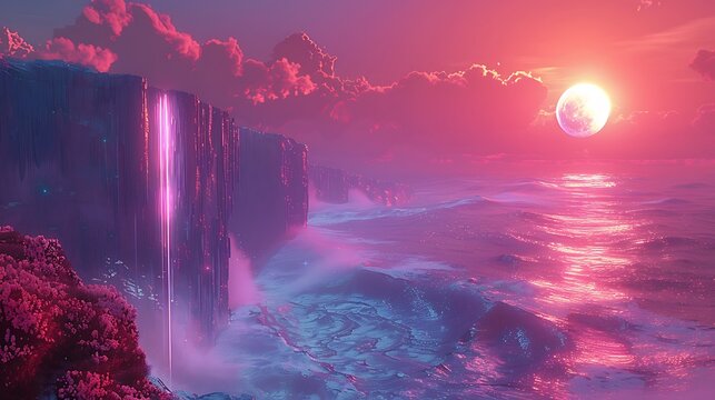 A futuristic cliffside with bioluminescent rock faces and glowing skies, creating a dramatic view 