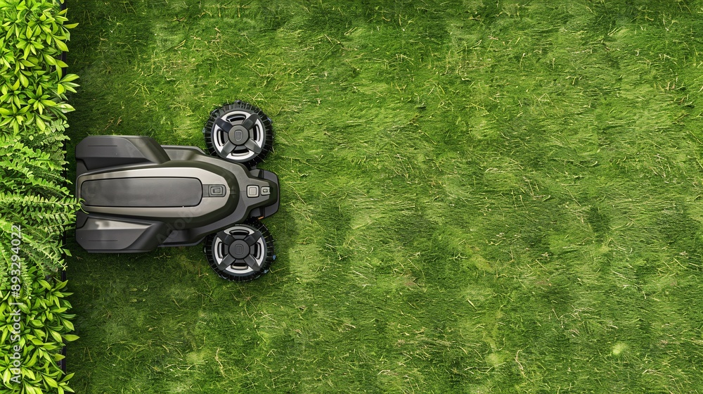 Poster Illustration of an electric lawn mower with quiet operation centered with significant empty space on the left Stock Photo with copy space