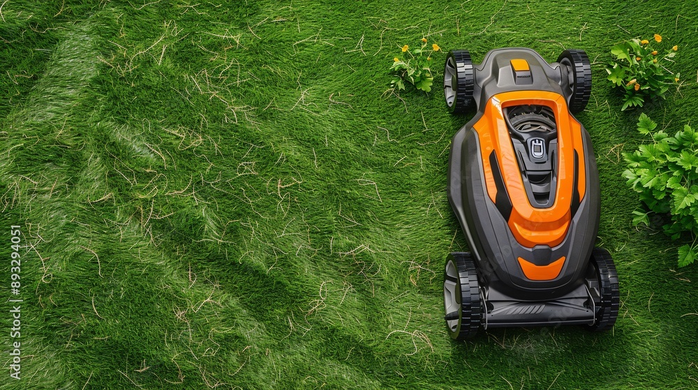 Poster Illustration of an electric lawn mower with quiet operation centered with significant empty space on the left Stock Photo with copy space