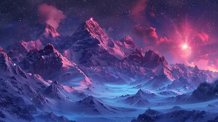 A futuristic mountain range with bioluminescent peaks and holographic skies, creating a surreal landscape 