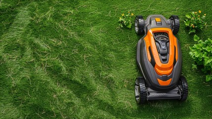Illustration of an electric lawn mower with quiet operation centered with significant empty space on the left Stock Photo with copy space
